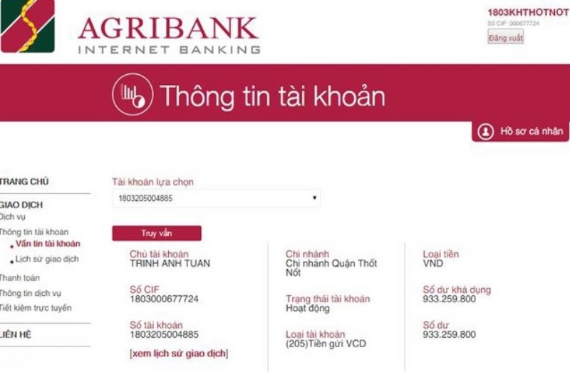 Kiểm tra số dư tài khoản Agribank qua Internet Banking 