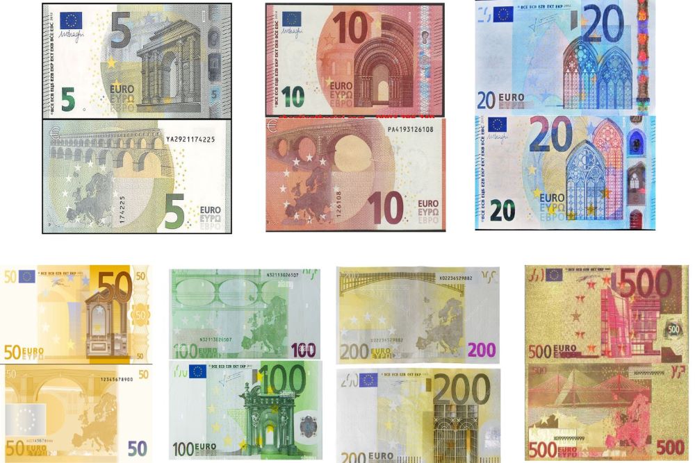 Mỗi tờ tiền giấy Euro mang một màu sắc và trên mỗi mệnh giá được in các công trình xây dựng của từng thời kỳ kiến trúc