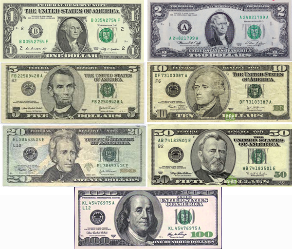 Các mệnh giá tiền đô có chung 1 dạng trang trí và có màu xanh lá cây đặc trưng
